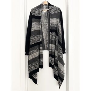 PURE DKNY Women's Long Wrap Cardigan Sweater M/L Gray Striped Wool Silk Cashmere